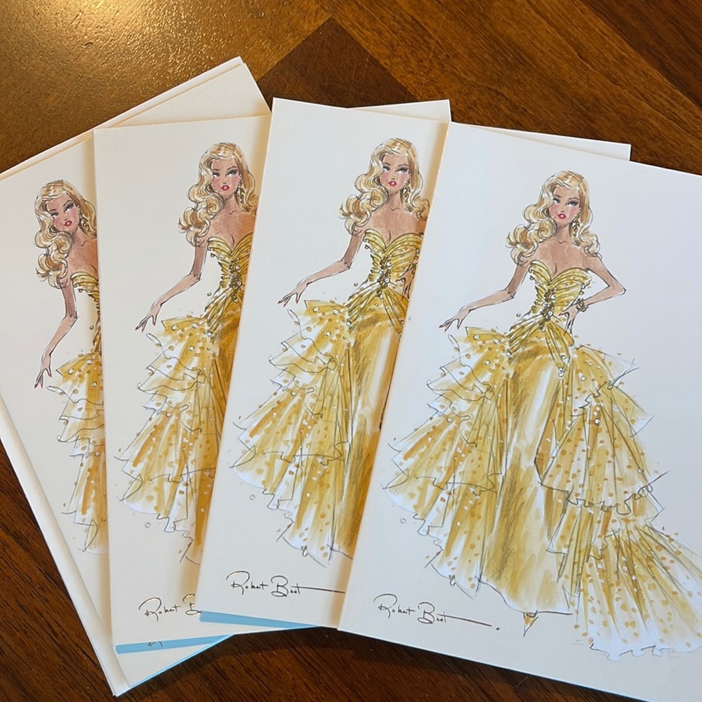 BARBIE NOTECARDS WITH ENVELOPES (GOLD STRAPLESS GOWN) ROBERT BEST - SET OF 4